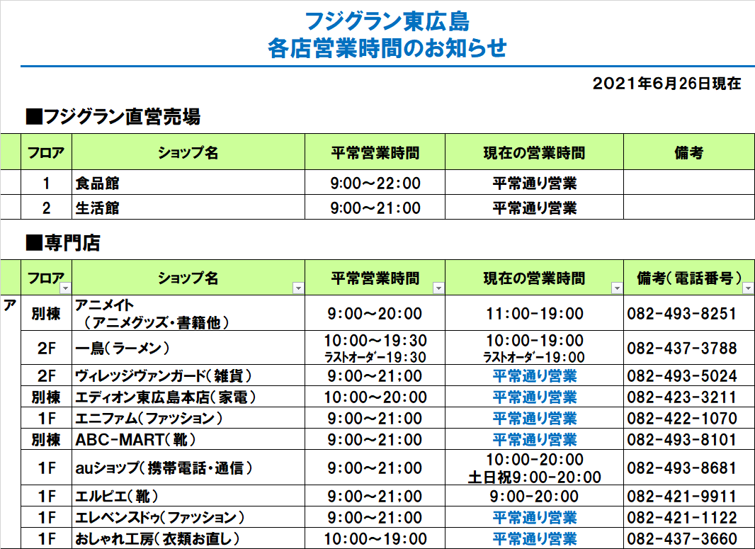 フジグラン東広島 専門店 電話番号 営業時間 のご案内 フジグラン東広島