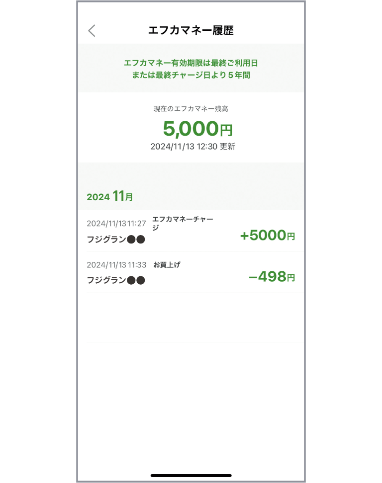 「エフカマネー履歴を確認する」アプリ画面イメージ02